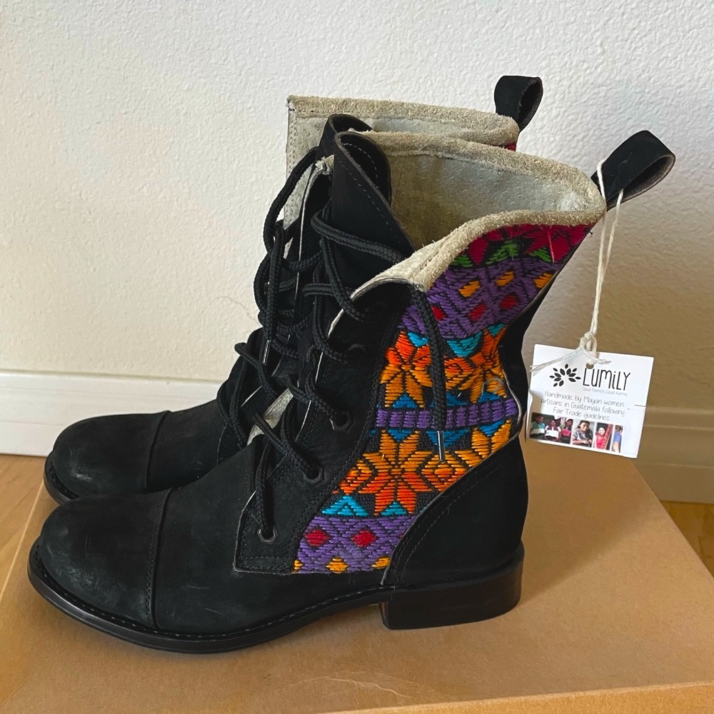 Lumily - Black Suede Leather Huipil Lace-up Boots - 37 / 7 - new - fair trade